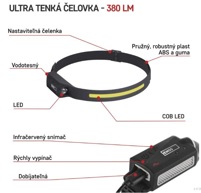 COB LED nabíjacia čelovka P3541, 380 lm, Li-Pol 1200 mAh – Obrázok 2
